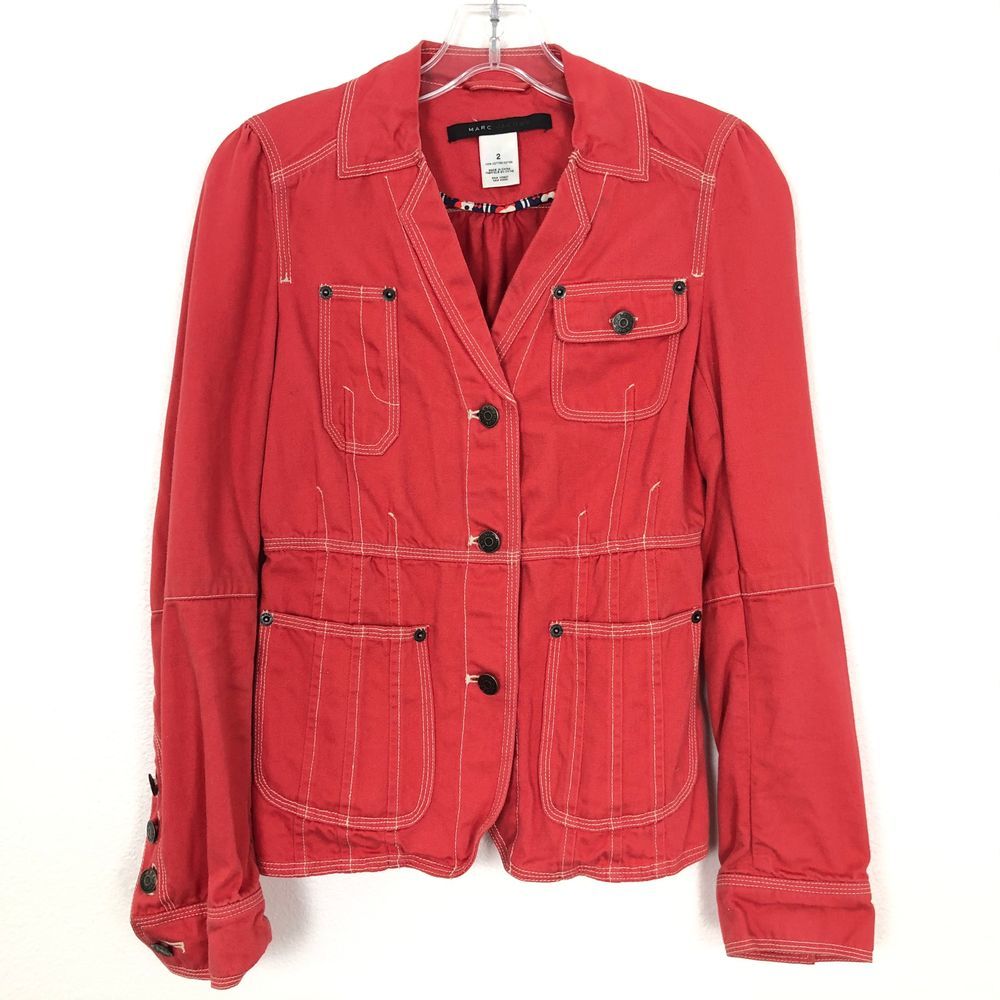 Marc Jacobs Red Denim Jacket Pockets Button Front